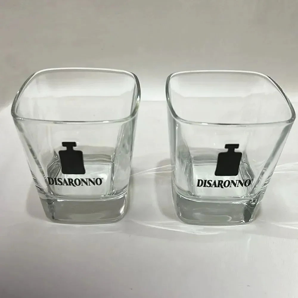Disaronno Ameratto Glass 3 3/4 Tall 3 1/4 Top Black Bottle Rocks Low Ball Set 2